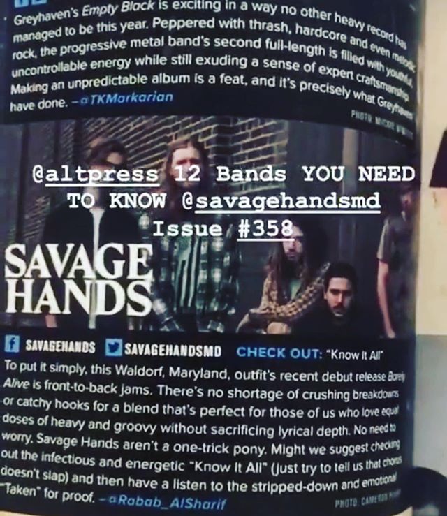 Big thanks to @altpress for including us in their bands you need to know section!! Loving the write up @ralshari 
Go pick up a copy 🖤 #savagehands #sharptone #barelyalive #allsummerlong
